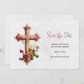 Elegant kruis met roze bloemen save the date (Voorkant / Achterkant)