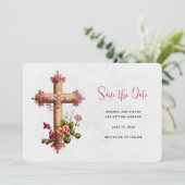 Elegant kruis met roze bloemen save the date (Staand voorkant)