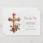 Elegant kruis met roze bloemen save the date (Voorkant)