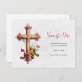 Elegant kruis met Roze Bloemen sparen de Datum Uitnodiging Briefkaart (Voorkant / Achterkant)