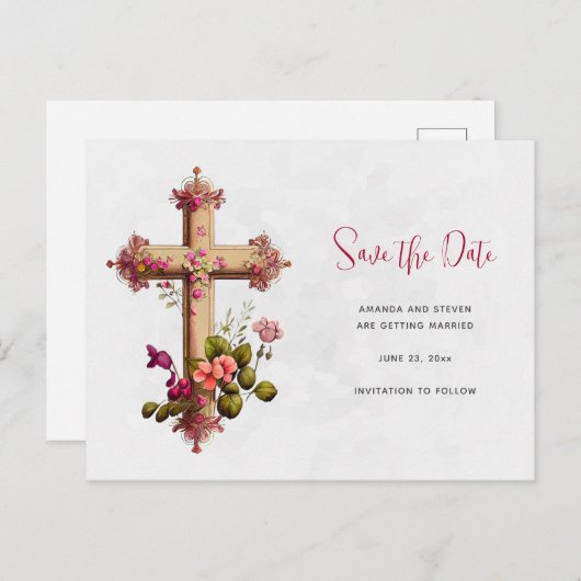 Elegant kruis met Roze Bloemen sparen de Datum Uitnodiging Briefkaart (Voorkant / Achterkant)