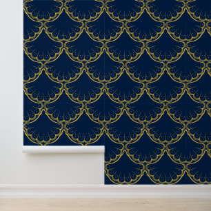 Elegant Kust thema Gouden schelp patroon blauw Behang