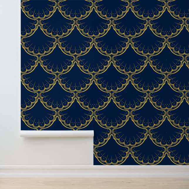 Elegant Kust thema Gouden schelp patroon blauw Behang (Applicatie)