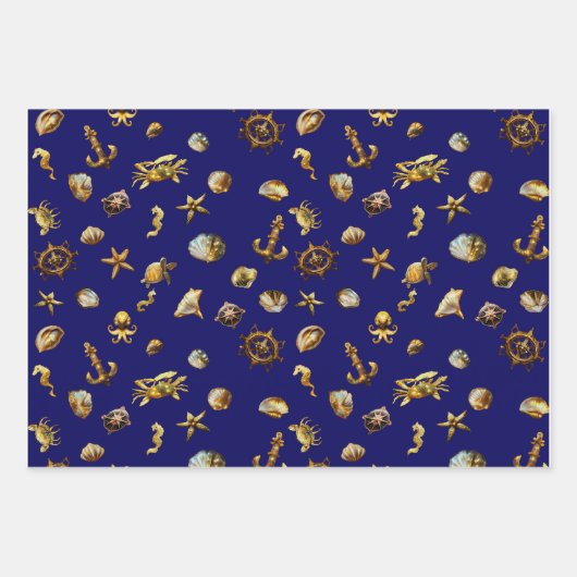 Elegant kustthema nautisch blauw en wit inpakpapier vel (Voorkant)