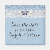 Elegant Lace Blue Butterfly Damask Bewaar de datum Magneet (Voorkant)