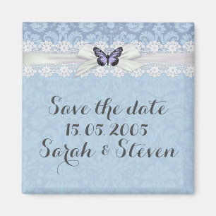 Elegant Lace Blue Butterfly Damask Bewaar de datum Magneet