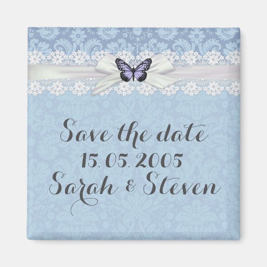 Elegant Lace Blue Butterfly Damask Bewaar de datum Magneet (Voorkant)