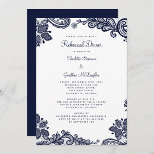 Elegant Lace Blue White Wedding Rehearsal Dinner Kaart