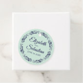 Elegant Lace Border Navy Blue & Mint Green Wedding Bedankjes Labels (In situ)