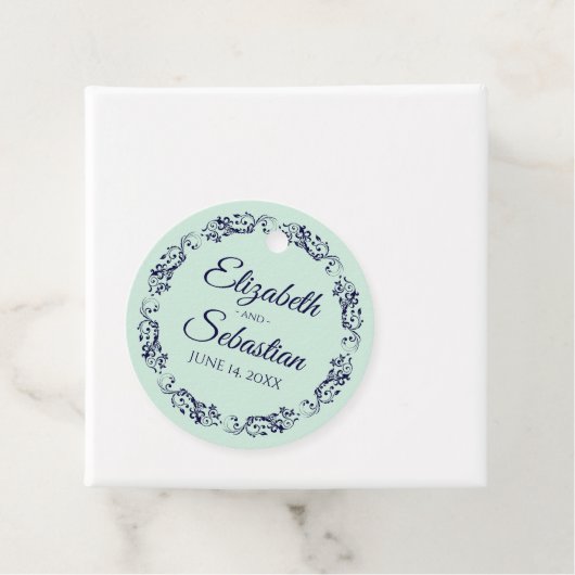 Elegant Lace Border Navy Blue & Mint Green Wedding Bedankjes Labels (In situ)