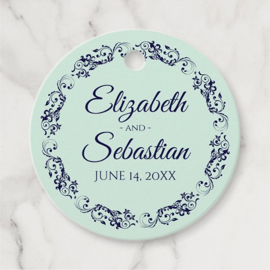 Elegant Lace Border Navy Blue & Mint Green Wedding Bedankjes Labels (Voorkant)