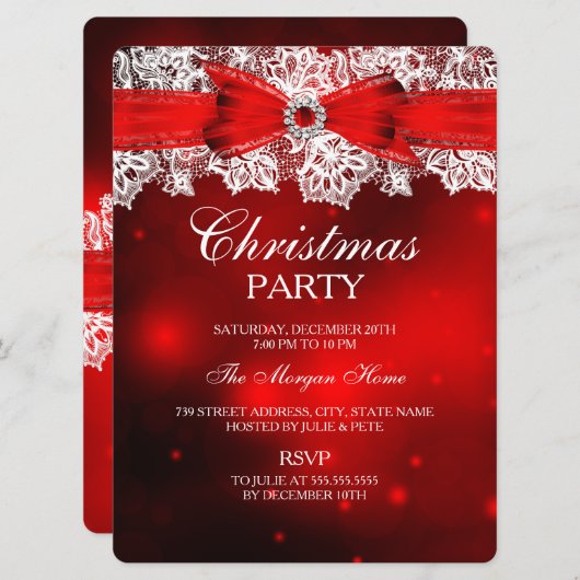Elegant Lace & Bow Kerstfeestdag Uitnodiging (Voorkant / Achterkant)