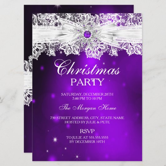 Elegant Lace Bow Paarse kerstfeestdag Kaart (Voorkant / Achterkant)