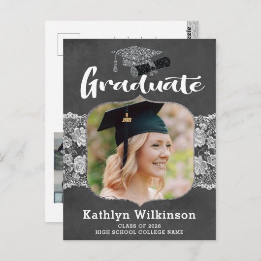 Elegant Lace Chalkboard 2 Uitnodiging tot Afstudee (Voorkant / Achterkant)