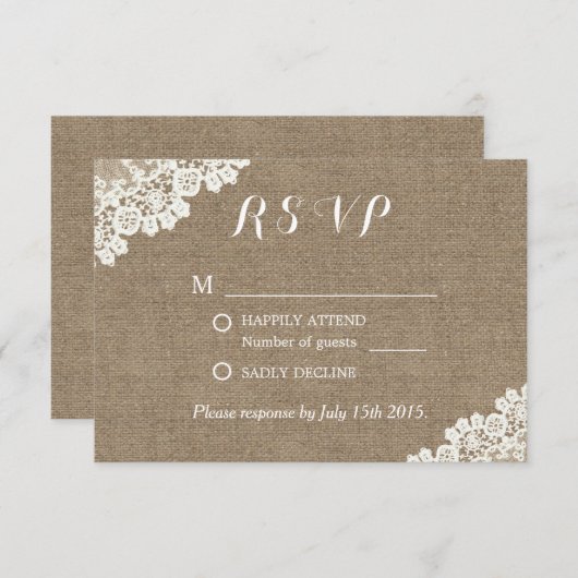 Elegant Lace Corner Burlap Wedding RSVP (Voorkant / Achterkant)