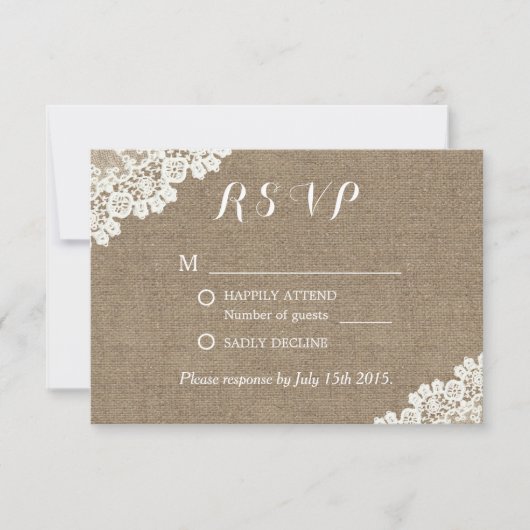 Elegant Lace Corner Burlap Wedding RSVP Kaartje (Voorkant)