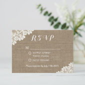 Elegant Lace Corner Burlap Wedding RSVP Kaartje (Staand voorkant)