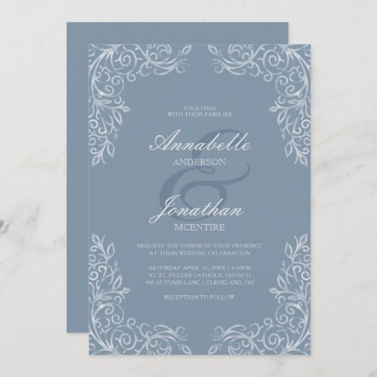 Elegant Lace Dusty Blue Scroll Wedding Invitation Kaart (Voorkant / Achterkant)