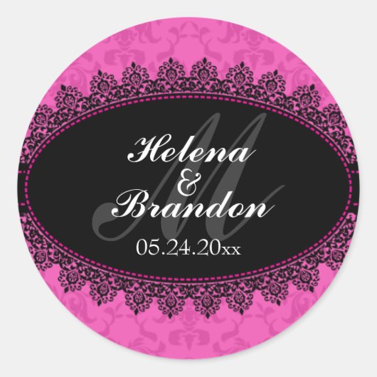 Elegant Lace en Damask Monogram Wedding Seals Ronde Sticker (Voorkant)