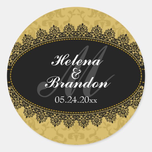 Elegant Lace en Damask Monogram Wedding Seals Ronde Sticker (Voorkant)