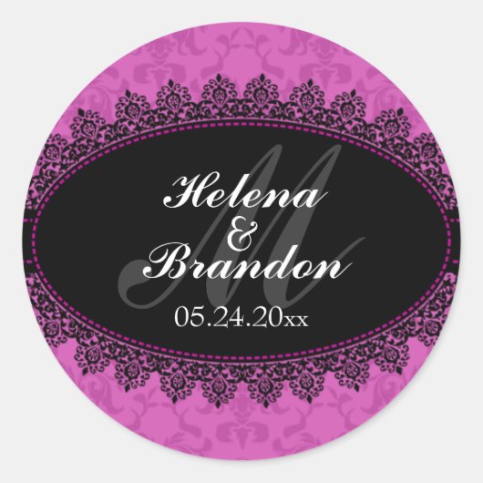 Elegant Lace en Damask Monogram Wedding Seals Ronde Sticker (Voorkant)