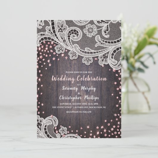 Elegant Lace en houtblush glitter rustige bruiloft Kaart (Staand voorkant)