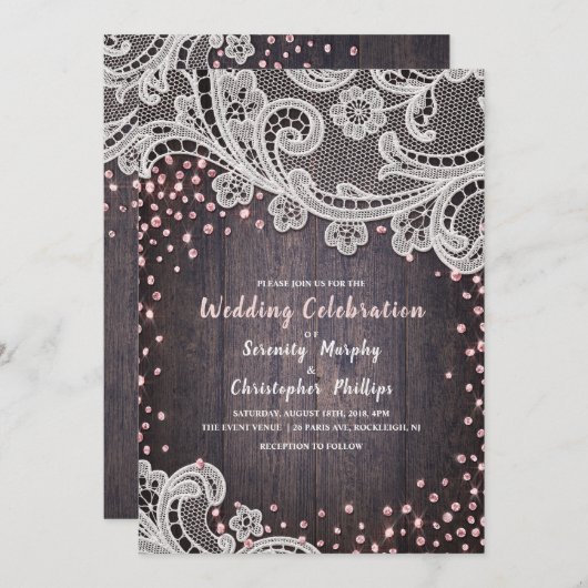 Elegant Lace en houtblush glitter rustige bruiloft Kaart (Voorkant / Achterkant)