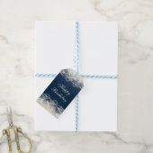 Elegant Lace en Pearls op Blue Happy Birthday Cadeaulabel (Met Touw)