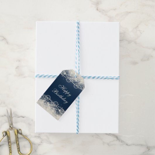 Elegant Lace en Pearls op Blue Happy Birthday Cadeaulabel (Met Touw)