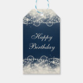Elegant Lace en Pearls op Blue Happy Birthday Cadeaulabel (Voorkant)