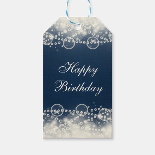 Elegant Lace en Pearls op Blue Happy Birthday Cadeaulabel (Voorkant)