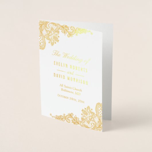 Elegant Lace Floral Real Gold Foil Wedding Program Folie Kaarten (Voorkant)