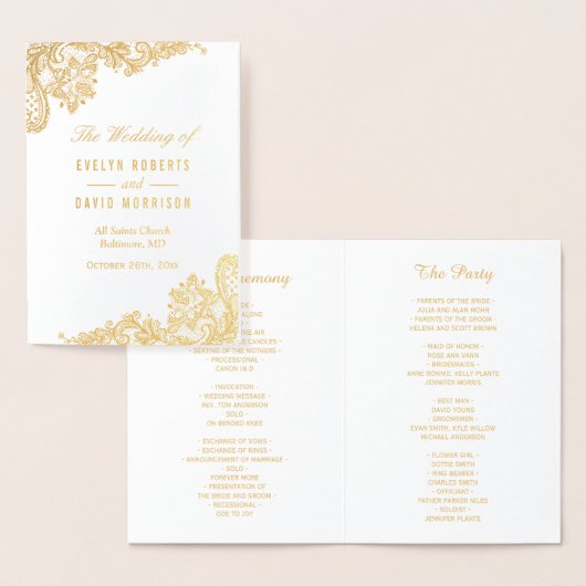 Elegant Lace Floral Real Gold Foil Wedding Program Folie Kaarten (Display)