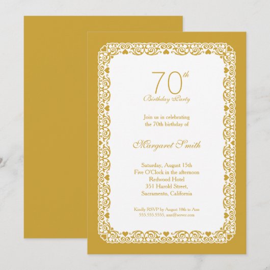 Elegant lace golden 70th verjaardagsfeest Uitnodig Kaart (Voorkant / Achterkant)