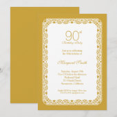 Elegant lace golden 90th verjaardagsfeest Uitnodig Kaart (Voorkant / Achterkant)