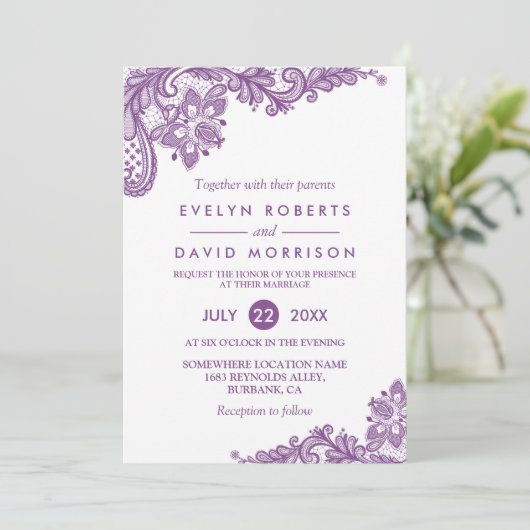 Elegant Lace Lavender Paars White Formal Wedding Kaart (Staand voorkant)