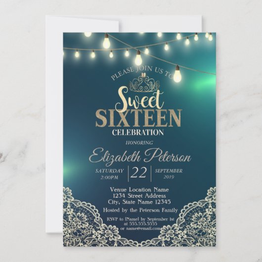 Elegant Lace, Lights, Tiara, Sweet 16 Party Kaart (Voorkant)