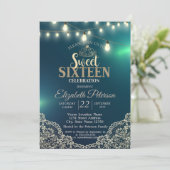 Elegant Lace, Lights, Tiara, Sweet 16 Party Kaart (Staand voorkant)