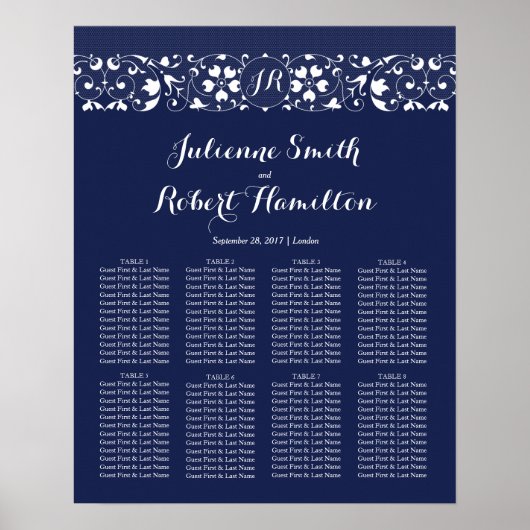 Elegant Lace Monogram Wedding Seding Chart Poster (Voorkant)