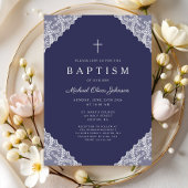 Elegant Lace Navy Blue Baby Boy Baptism Kaart