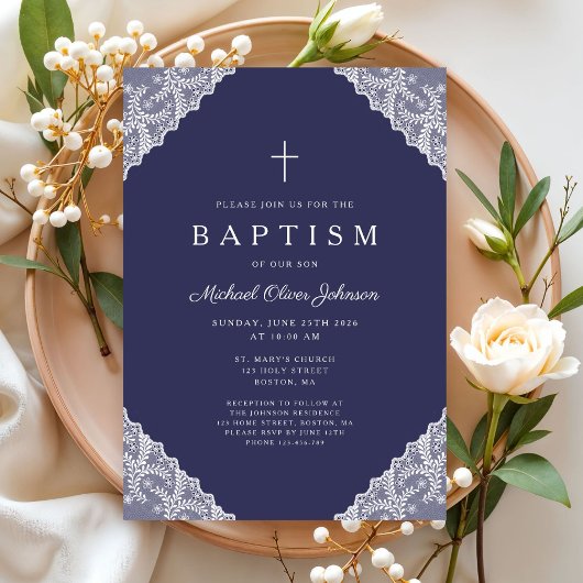 Elegant Lace Navy Blue Baby Boy Baptism Kaart