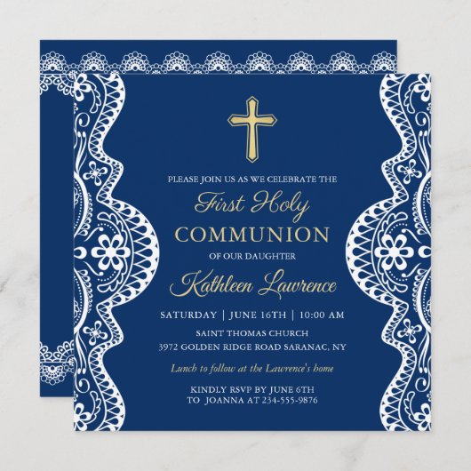 Elegant Lace Navy Blue First Heilige Communie Kaart (Voorkant / Achterkant)