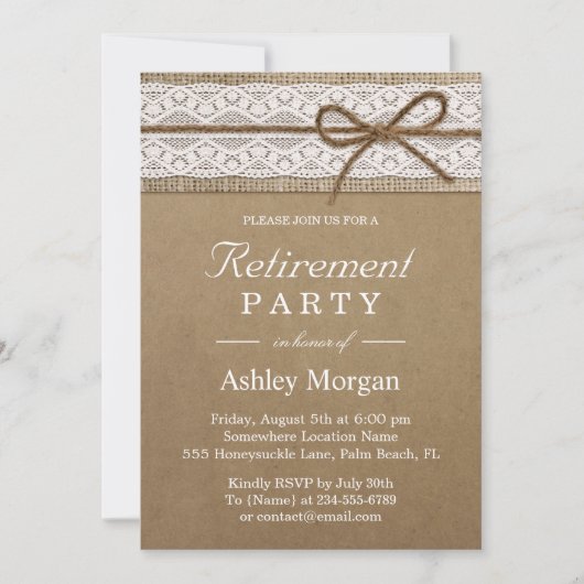 Elegant Lace Rustic Burlap String Retirement Party Kaart (Voorkant)