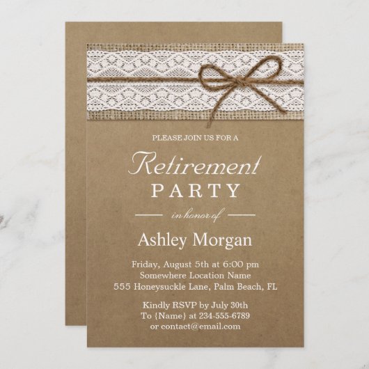 Elegant Lace Rustic Burlap String Retirement Party Kaart (Voorkant / Achterkant)