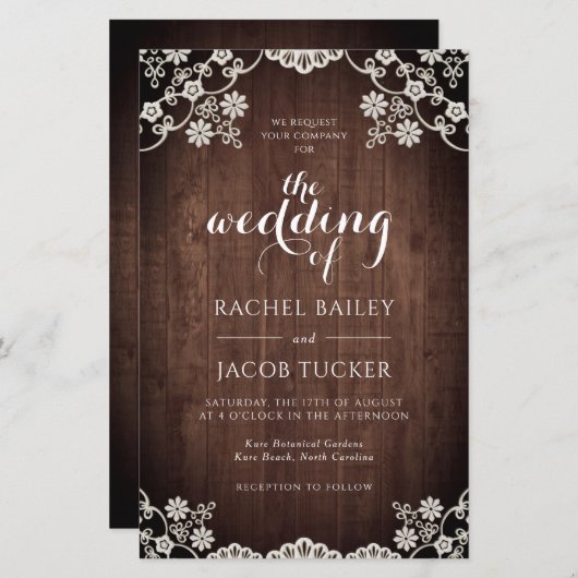 Elegant Lace Rustic Dark Wood Weddenschap (Voorkant / Achterkant)