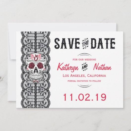 Elegant Lace Sugar Skull Save the Date cards (Voorkant)