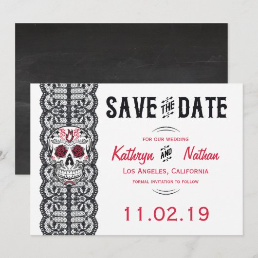 Elegant Lace Sugar Skull Save the Date cards (Voorkant / Achterkant)