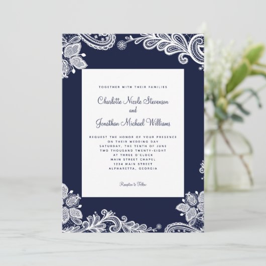 Elegant Lace Wedding Custom Photo Navy Blue White Kaart (Staand voorkant)