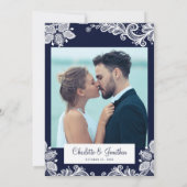Elegant Lace Wedding Custom Photo Navy Blue White Kaart (Achterkant)