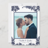 Elegant Lace Wedding Verloving Foto Blue White Save The Date (Achterkant)